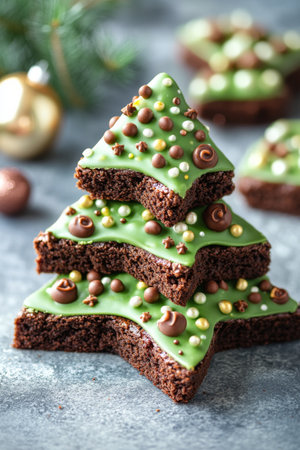 A beautifully crafted chocolate cake shaped like a Christmas tree, layered with vibrant green frosting and adorned with chocolate pieces and a red star topper, set against a softly lit holiday background.の素材