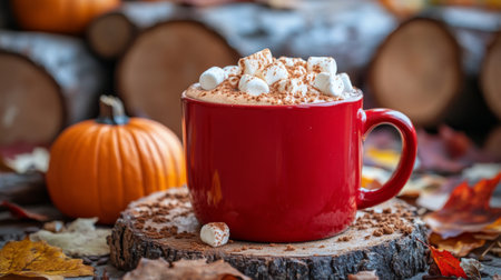 A cozy red mug brimming with hot chocolate topped with marshmallows sits on a wooden slice, surrounded by autumn leaves and a small pumpkin. The warm colors evoke a perfect fall atmosphere.の素材