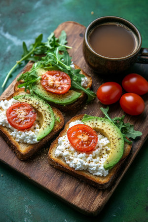A rustic wooden board displays three slices of avocado toast topped with tomatoes and arugula, accompanied by a steaming cup of coffee and fresh cherry tomatoes, creating a vibrant and appetizing breakfast setting.の素材