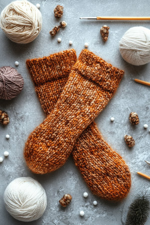 Handcrafted knitted socks in earthy tones lie next to various yarn balls and wooden knitting needles on a soft surface. The warm colors and textures create a welcoming, cozy atmosphere.の素材