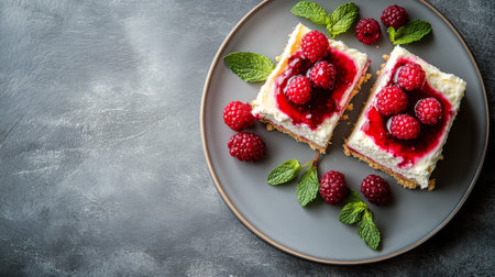 Two raspberry cheesecake squares topped with fresh raspberries and raspberry sauce are artfully arranged on a gray plate, surrounded by mint leaves for garnish.の素材