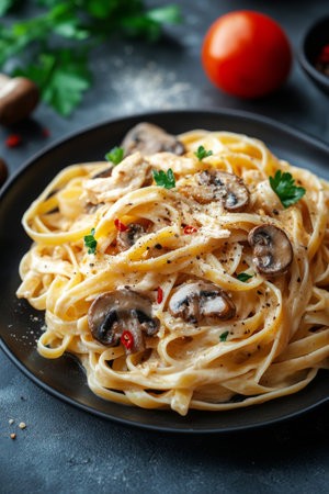 A bowl of creamy fettuccine pasta is served with sauteed mushrooms and fresh basil leaves, creating a rich and flavorful dish perfect for any meal.の素材