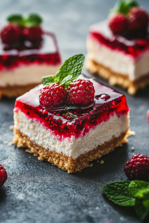 A deliciously layered dessert creamy cake filled with raspberry and blackberry jam, topped with fresh berries and a sprig of mint, elegantly arranged on a simple gray plate.の素材