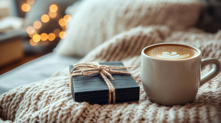 A warm cup of coffee sits beside a neatly wrapped gift on a soft, knitted blanket, creating a cozy atmosphere illuminated by soft, twinkling lights in the background.の素材