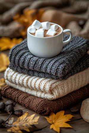 A steaming cup of hot chocolate topped with marshmallows rests on a stack of soft, knitted sweaters. Dried flowers in the background enhance the cozy autumn ambiance.の素材