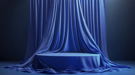 The beautifully arranged space features blue draped curtains framing a circular stage, creating an inviting atmosphere. Soft lighting accentuates the striking colors, ideal for performances, presentations, or events.の素材