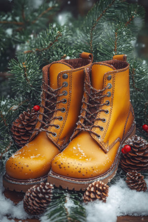 Bright red shoes sit amidst pinecones and evergreen branches, creating a cheerful holiday atmosphere. The rustic wooden background enhances the seasonal decor, inviting a sense of warmth and celebration.の素材