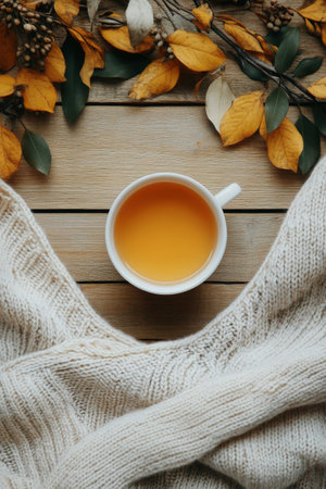 A warm cup of tea rests on a wooden surface, surrounded by a knitted sweater and star anise, creating a cozy atmosphere perfect for chilly days.の素材