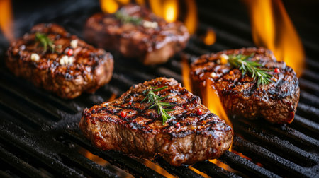 Thick, succulent steaks sizzle on a charcoal grill, releasing savory smoke as the flames dance around them. This backyard grilling session occurs during a beautiful sunset, creating a warm, inviting atmosphere.の素材