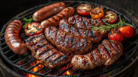 Juicy sausages and marinated cuts of meat are sizzling on a grill, surrounded by vibrant vegetables. Flames lick the food as it cooks, creating an inviting atmosphere perfect for a summer cookout with friends and family.の素材