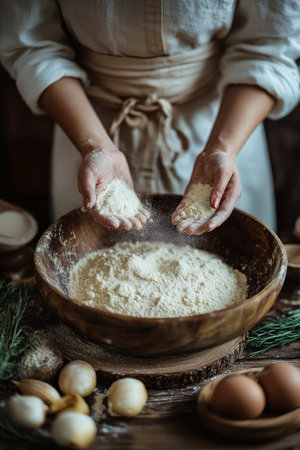 A young woman in a white apron carefully measures flour on a wooden table, surrounded by freshly baked bread. The warm atmosphere of the rustic kitchen is enhanced by blooming flowers in the background.の素材