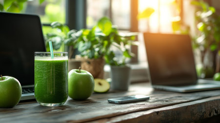A refreshing green smoothie sits on a wooden table beside green apples, with laptops and plants surrounding it as sunlight streams through nearby windows.の素材
