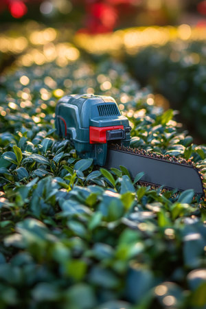 A gardener carefully trims a lush, green hedge with an electric trimmer in a well-lit outdoor area. The focus is on the precise shaping of the foliage, emphasizing the detail and care put into maintaining the plants.の素材