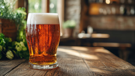 A large, frosty mug filled with golden beer sits on a weathered wooden table, with a blurred background showing a warm, inviting pub atmosphere, perfect for relaxation and socializing.の素材