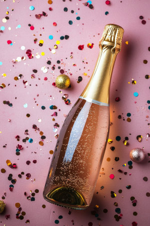 Two bottles of sparkling wine are positioned alongside glasses filled with bubbly. Colorful ornaments and decorative elements surround them, creating a cheerful atmosphere perfect for celebrations and gatherings.の素材