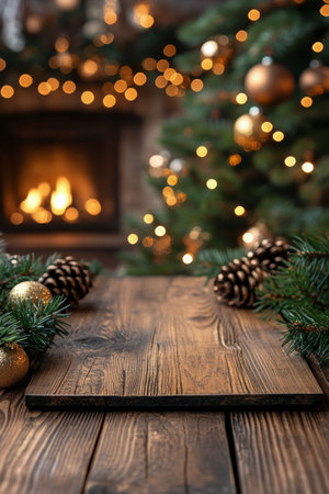 A warm and inviting setting featuring a rustic wooden table in the foreground, while a beautifully decorated Christmas tree glows brightly in the background, creating a cozy holiday ambiance enhanced by a crackling fireplace.の素材