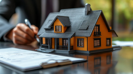 A person in a suit examines a miniature house model while reviewing architectural plans on the desk. The focused activity highlights the intricate details of home building, showing professionalism and creativity in design.の素材