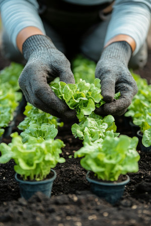 A gardener carefully cultivates green lettuce plants, gently pulling weeds and nurturing the healthy growth of these leafy vegetables in rich, dark soilの素材