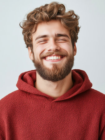 A joyful man is indoors, smiling widely with his fists raised in triumph. He wears a casual shirt and a plaid jacket, radiating positivity and excitement as sunlight streams through large windows, creating a warm atmosphere.の素材