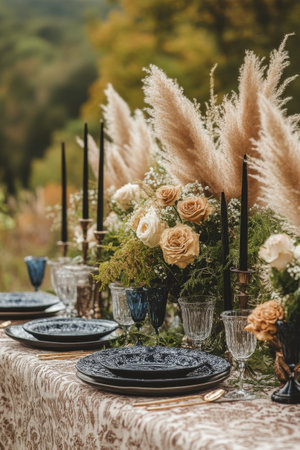 A beautifully set dining table features ornate plates and sparkling glassware, surrounded by lush floral arrangements. The gentle ambient lighting creates a warm atmosphere perfect for a celebration or gathering.の素材