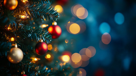 Snowflakes gently fall on vibrant green branches of a Christmas tree, which twinkle with warm yellow lights. The magical atmosphere captures the essence of winter festivities and holiday celebrations.の素材