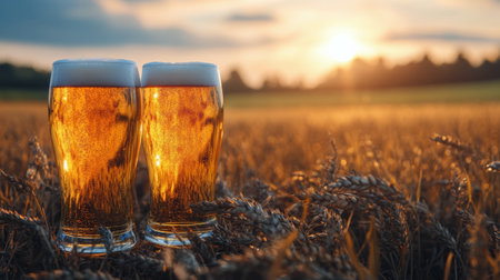 Two glasses of golden beer with frothy tops are placed among tall wheat stalks, reflecting sunlight. The background showcases rolling green hills and a clear blue sky, creating a relaxing summer ambience.の素材