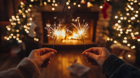 Two hands hold sparklers, illuminating the warm atmosphere of a living room decorated for the holidays. A crackling fire glows in the fireplace, surrounded by twinkling lights and Christmas trees, creating a joyful celebration.の素材