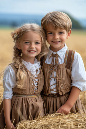 Two children stand close together in a wheat field, smiling brightly. The girl has braided hair and wears a light dress, while the boy, in a cap and suspenders, gazes at the camera. They exude a joyful, carefree spirit in nature.の素材
