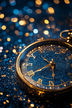 A vintage alarm clock with roman numerals stands prominently, glittering under a backdrop of shimmering golden lights. The scene captures the essence of nostalgia and warmth during a cozy nighttime setting.の素材