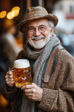 An elderly man with a warm smile holds a large mug of amber beer while seated at a wooden table in a cozy tavern. The background features dim, inviting lighting, enhancing the relaxed atmosphere of the winter evening.の素材