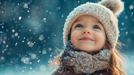 A young girl with long hair smiles brightly, wearing a cozy yellow hat and scarf while surrounded by gentle snowflakes falling in a winter landscape. The scene captures her joy and the magic of the snowy weather.の素材
