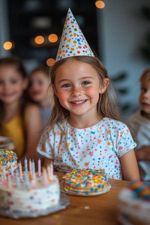 Three children wear colorful party hats while joyfully gathering around a birthday cake decorated with candles and sprinkles, celebrating a special occasion together in a warm, inviting atmosphere.の素材