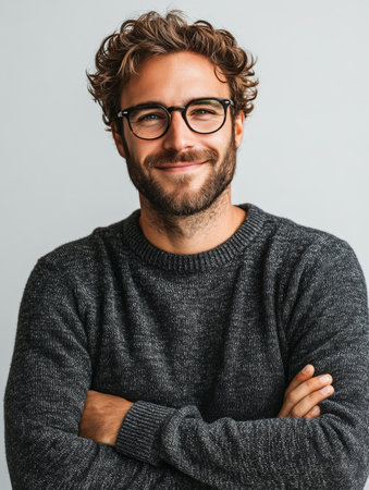 A young man smiles broadly, showcasing his stylish glasses and well-groomed beard while dressed in a warm brown sweater. His confident pose and bright expression create an inviting, friendly atmosphere against a soft backdrop.の素材