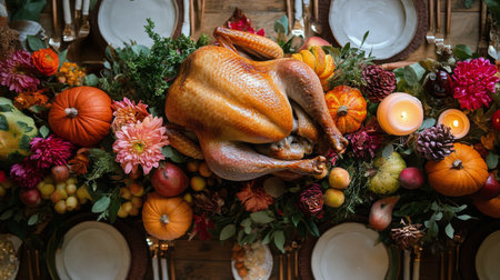 A beautifully arranged autumn table is adorned with vibrant pumpkins, colorful flowers, and a golden roasted turkey, creating a warm atmosphere for a Thanksgiving celebration as guests gather around to share the meal.の素材