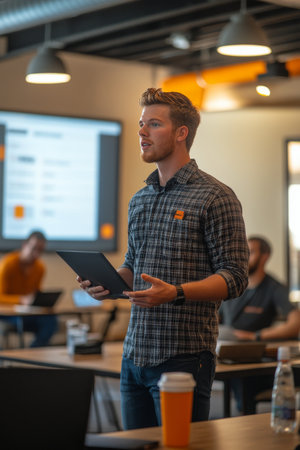 A young man with glasses speaks passionately in a corporate meeting, surrounded by colleagues. The setting features a presentation in the background, with several attendees focused on the discussion and notes.の素材