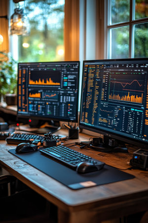 A warm and inviting workspace features a cup of pens next to charts and graphs on a wooden table. Soft light filters through the window, illuminating potted plants and creating a peaceful ambiance during the evening.の素材
