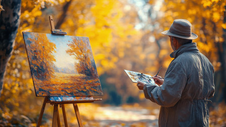 An artist stands in a vibrant autumn forest, painting a colorful landscape filled with golden leaves and trees. The warm sunlight filters through the branches, creating a peaceful and inspiring atmosphere for creativity.の素材