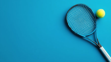 A tennis racket lies beside a bright yellow ball on a textured blue and orange background, illuminated by natural light. The combination of colors creates a striking visual arrangement suited for sports enthusiasts.の素材