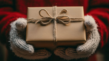 A figure dressed as Santa Claus stands in front of a beautifully adorned Christmas tree, presenting a wrapped gift. The warm atmosphere is enhanced by soft lighting and festive decorations, evoking holiday cheer.の素材
