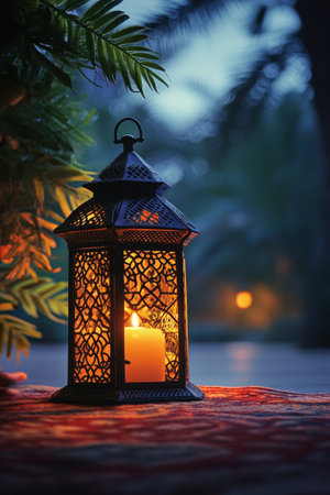 Two ornate lanterns cast a warm glow beside blooming bougainvillea plants. The background features soft bokeh lights, creating a serene atmosphere perfect for a relaxing evening outdoors or an intimate gathering.の素材