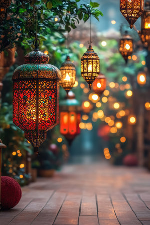 Two ornate lanterns cast a warm glow beside blooming bougainvillea plants. The background features soft bokeh lights, creating a serene atmosphere perfect for a relaxing evening outdoors or an intimate gathering.の素材