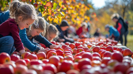 Rows of freshly picked apples fill a rustic wooden crate during a lively autumn festival. Visitors enjoy the festive atmosphere amid stunning fall foliage and gather around to celebrate the harvest season.の素材
