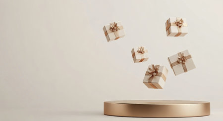 Several beautifully wrapped gift boxes hover above a minimalistic circular platform, creating an eye-catching arrangement. The light-colored wrapping and gentle gold accents add a touch of elegance to the festive atmosphere.の素材