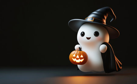 A cheerful cartoon ghost with a smiling face is wearing a witch hat and holding an orange pumpkin. The ghost floats against a dark background, embodying the playful spirit of Halloween celebrations.の素材