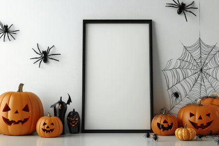 A cozy Halloween setup showcases vibrant pumpkins, decorative bats, and a spider web, creating a festive atmosphere. A blank picture frame invites personal touches for holiday celebrations.の素材