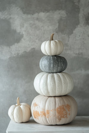 A visually appealing arrangement of pumpkins in different colors, including gray, white, and orange, stacked in a tower on a light marble surface. The collection creates a festive atmosphere, perfect for autumn decor.の素材