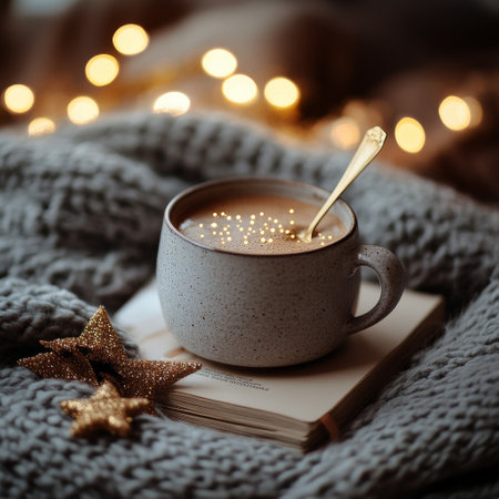 A warm cup of coffee features a heart shape on the frothy surface, set on an open book. Surrounding it are sparkling holiday decorations and a thick knitted blanket, creating a cozy atmosphere for the winter season.の素材