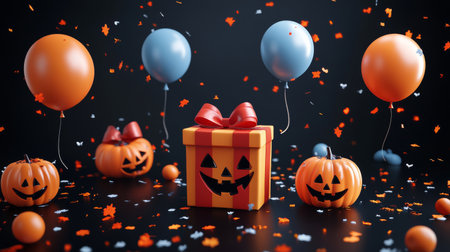 A vibrant Halloween features display carved pumpkins with cheerful faces, orange and black balloons, and a festive gift box adorned with a bowの素材