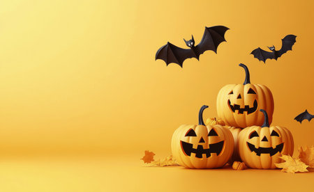 Three pumpkins are stacked, featuring playful faces of orange and black, surrounded by paper bats and autumn leaves. The vibrant orange background creates a festive atmosphere suitable for Halloween celebrations.の素材