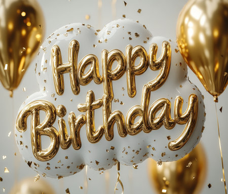 The elegant golden lettering spells out happy birthday surrounded by shimmering confetti. This celebratory design captures the joy of special occasions and can be used for invitations or social media posts.の素材